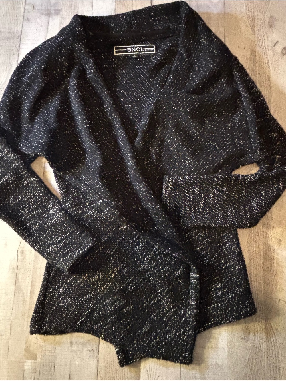 BNCI Black Tweed Open Front Draped Cardigan Blazer Long Sleeve